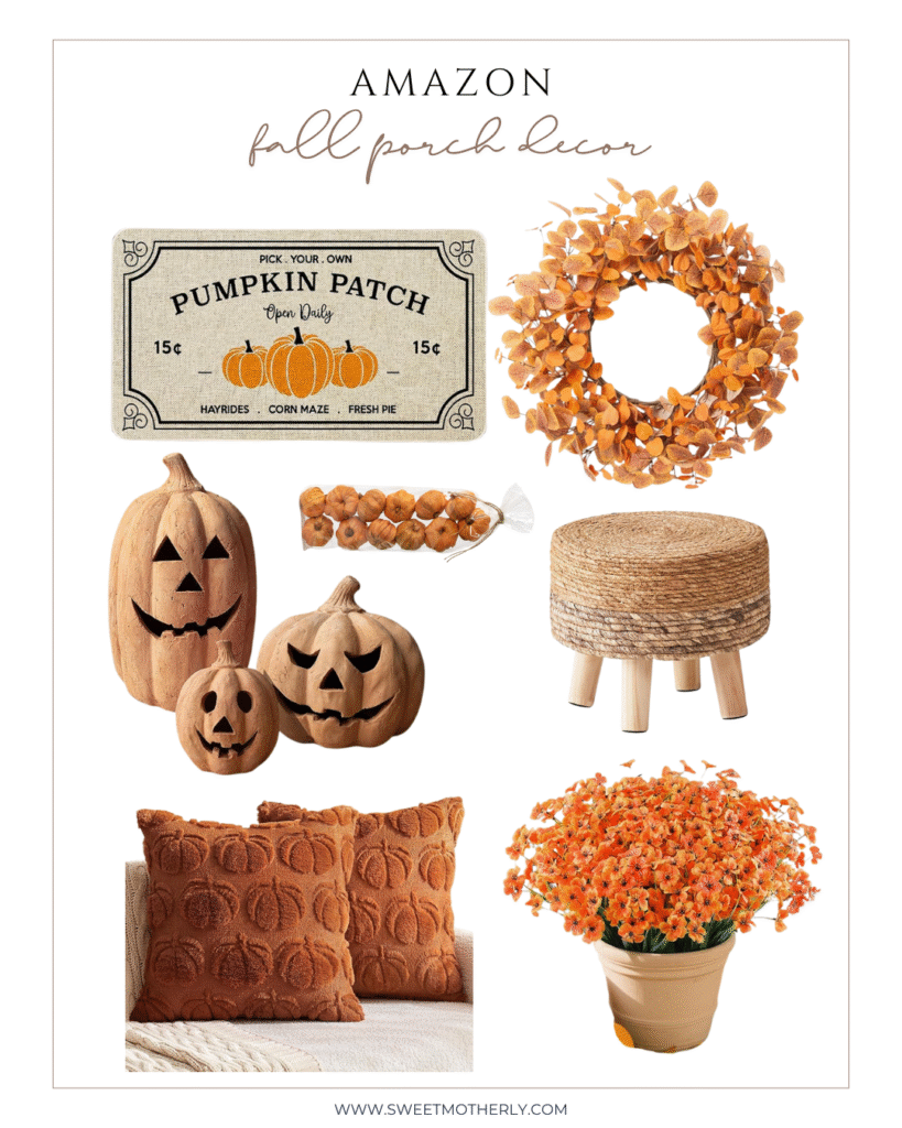 How to style your fall porch decor with bright orange mums and pumpkins.