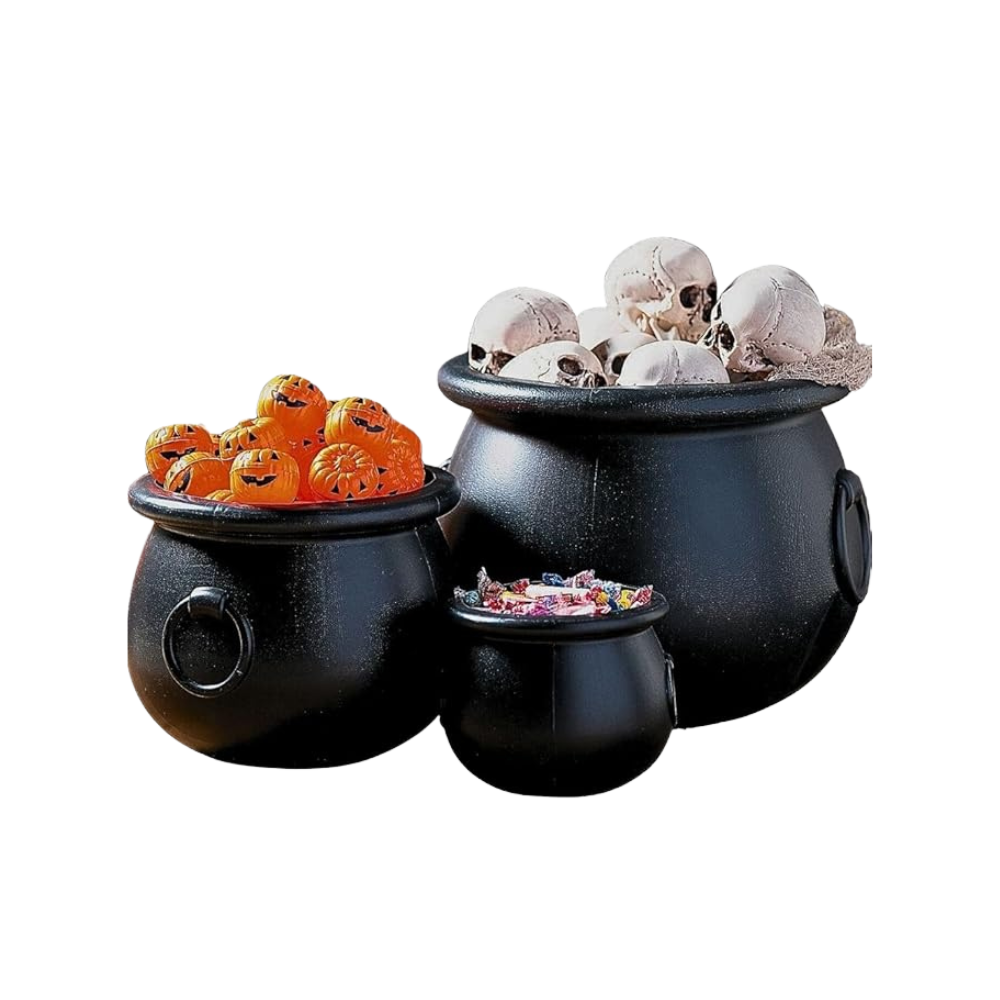 3 Black Cauldrons full of decor