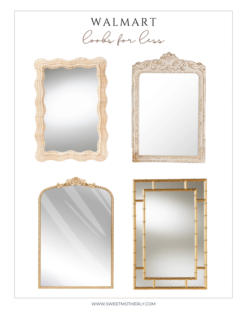 Collage of Walmart mirror finds including ornate gold mirrors, bamboo-style mirrors, and vintage-inspired frames styled for entryways, living rooms, and bedrooms. Home Decor Finds