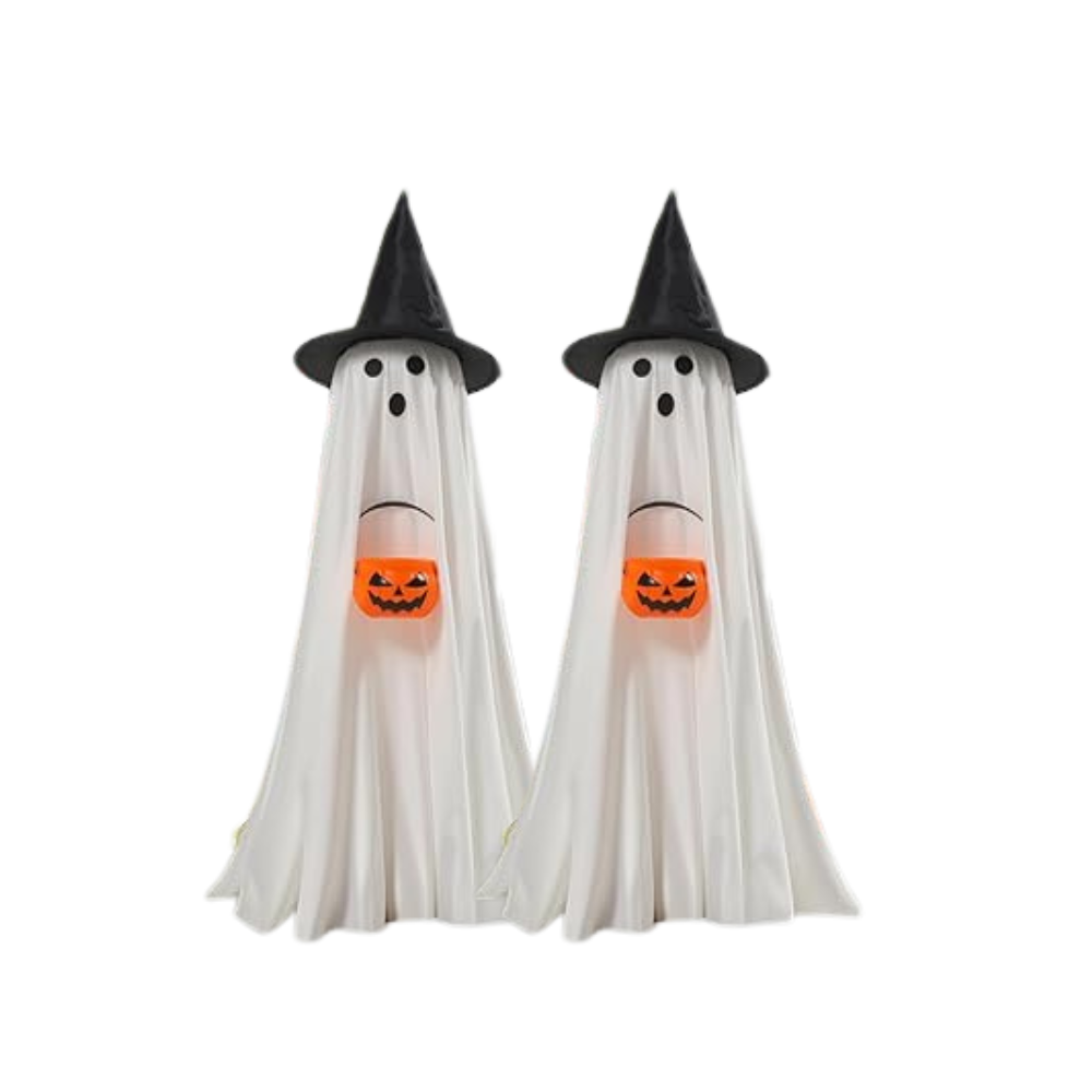 White Ghost Porch Decor holding pumpkins