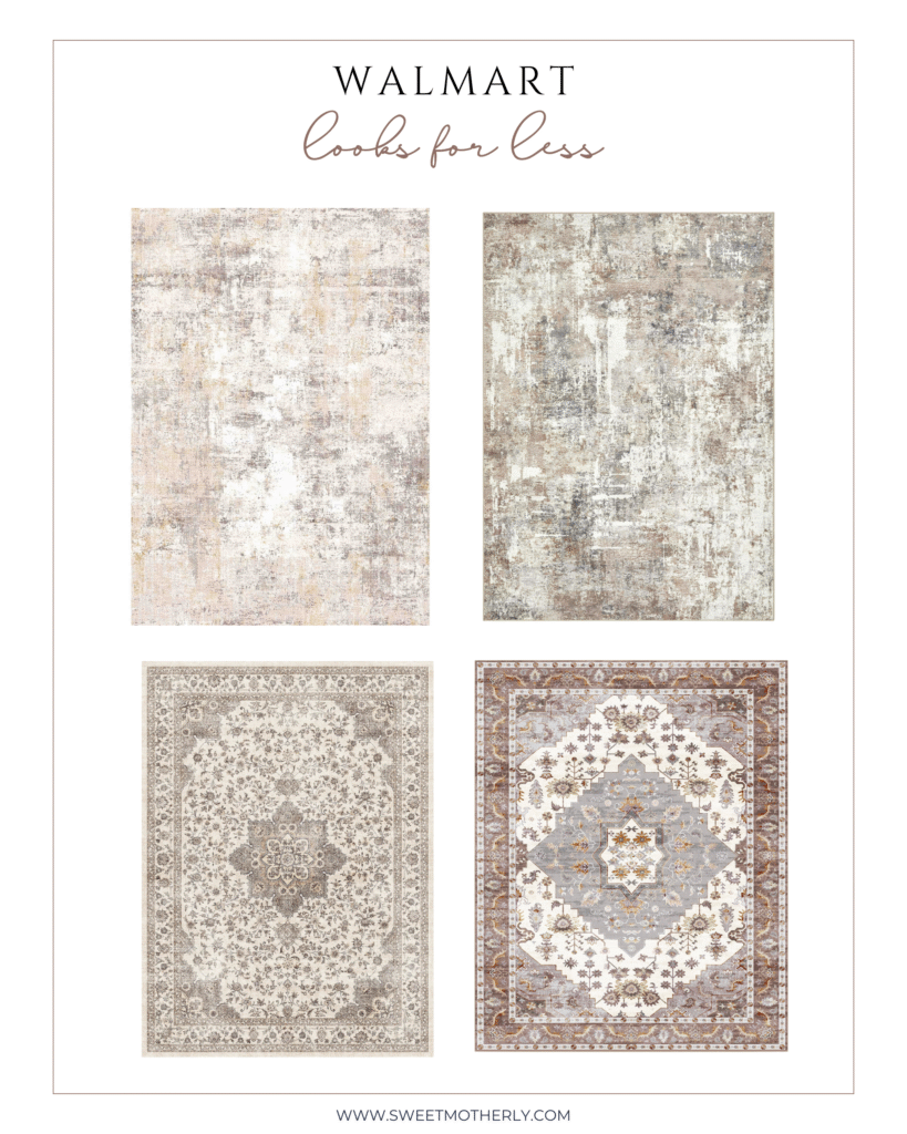 Collage of Walmart area rug finds featuring vintage-inspired Persian rugs, distressed neutral rugs, and designer-style patterns for living rooms and bedrooms.