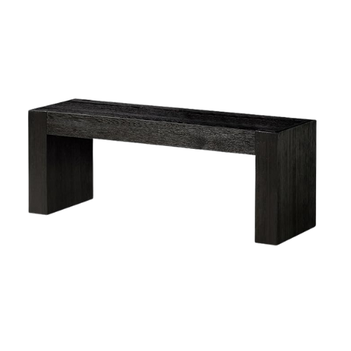 Modern black wood bench for dining rooms, perfect for pairing with moody storage hacks or farmhouse tables.