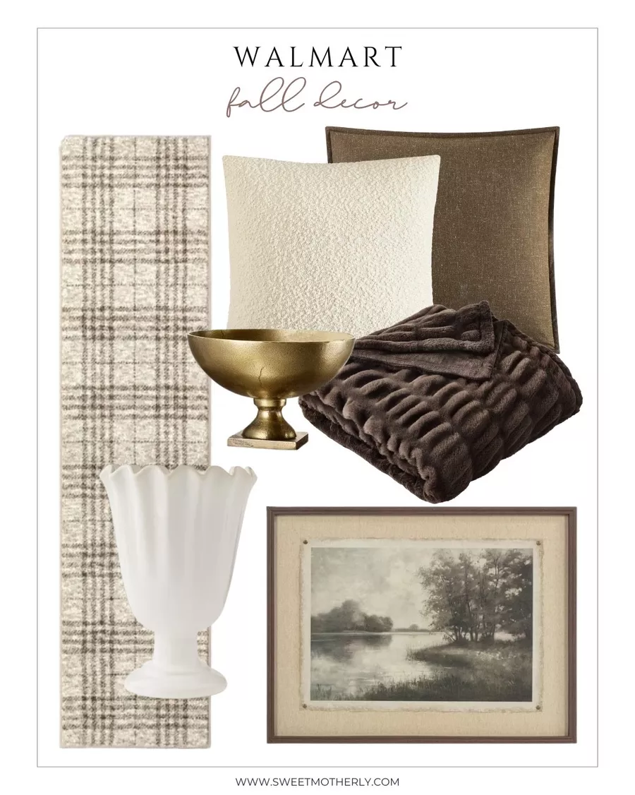 Walmart fall decor picks featuring neutral plaid rug, gold bowl, white vase, cozy throw, framed artwork, and textured pillows.