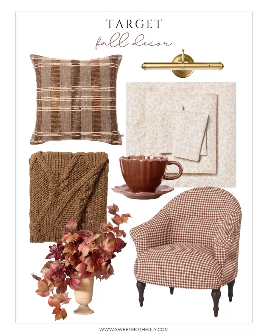 Target fall home decor finds including a plaid pillow, knit throw, ceramic mug, gingham chair, wall art light, and faux fall stems.