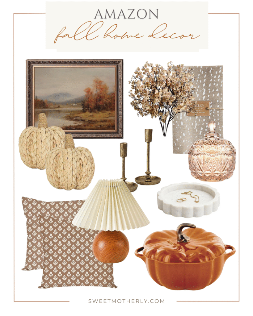 2 - Sweet Motherly Amazon fall home decor collage featuring art print, woven pumpkins, gold candle holders, amber jar, pleated lamp, and pumpkin dutch oven
