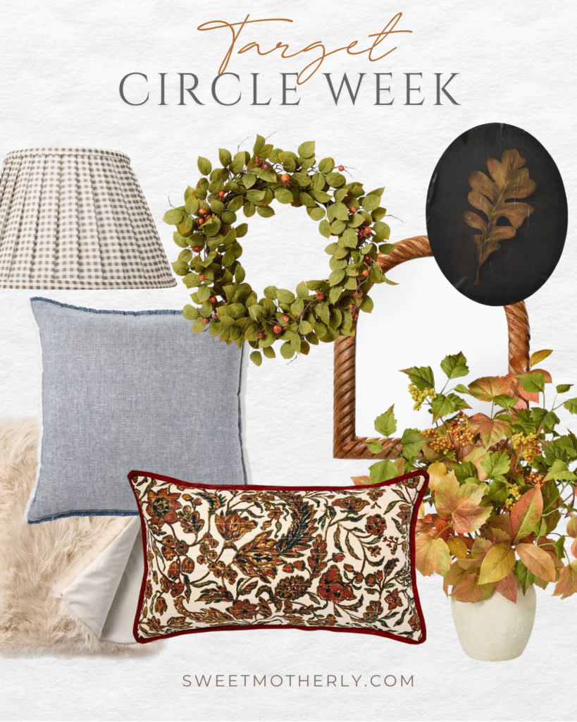Target Circle Week home decor collage featuring a gingham lampshade, green berry wreath, woven rattan mirror, fall botanical artwork, embroidered pillow, gray linen pillow, faux fur throw, and autumn floral arrangement