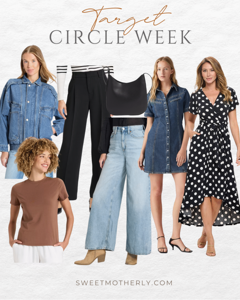 Target Circle Week women’s fashion edit with denim jacket, wide-leg jeans, black trousers, striped sweater, denim shirt dress, polka-dot wrap dress, brown tee, and black shoulder bag — curated fall wardrobe ideas.