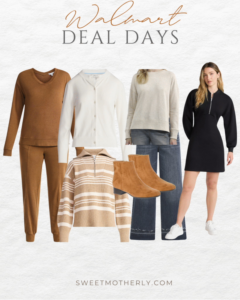 Walmart Deal Days outfit roundup with cozy neutral fall staples — brown lounge set, ivory cardigan, tan striped half-zip sweater, suede ankle boots, relaxed jeans, and black sweatshirt dress styled with white sneakers. The best sale finds