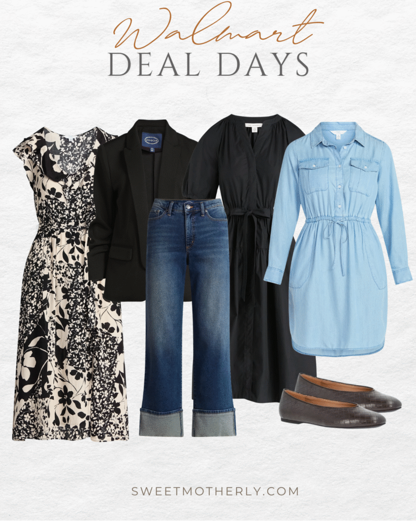 Walmart Deal Days fashion collage featuring a black-and-white floral dress, black blazer, dark-wash cuffed jeans, black midi dress, chambray shirt dress, and brown flats