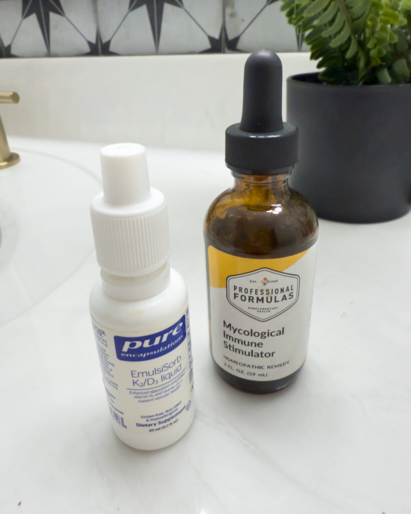Pure K2/D3 liquid and Mycological Immune Stimulator drops recommended by our functional doctor for children’s gut health support