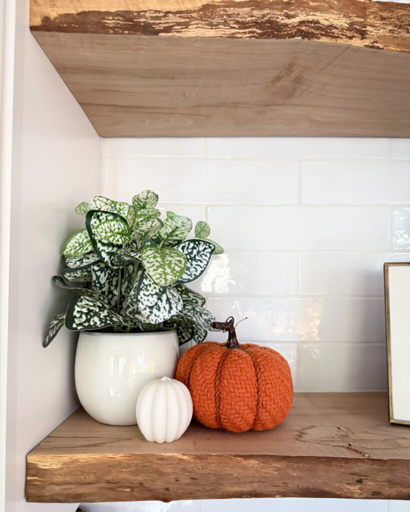 IMG_4371 - Sweet Motherly Open kitchen shelf with white vase, greenery, and orange pumpkins styled for fall decor