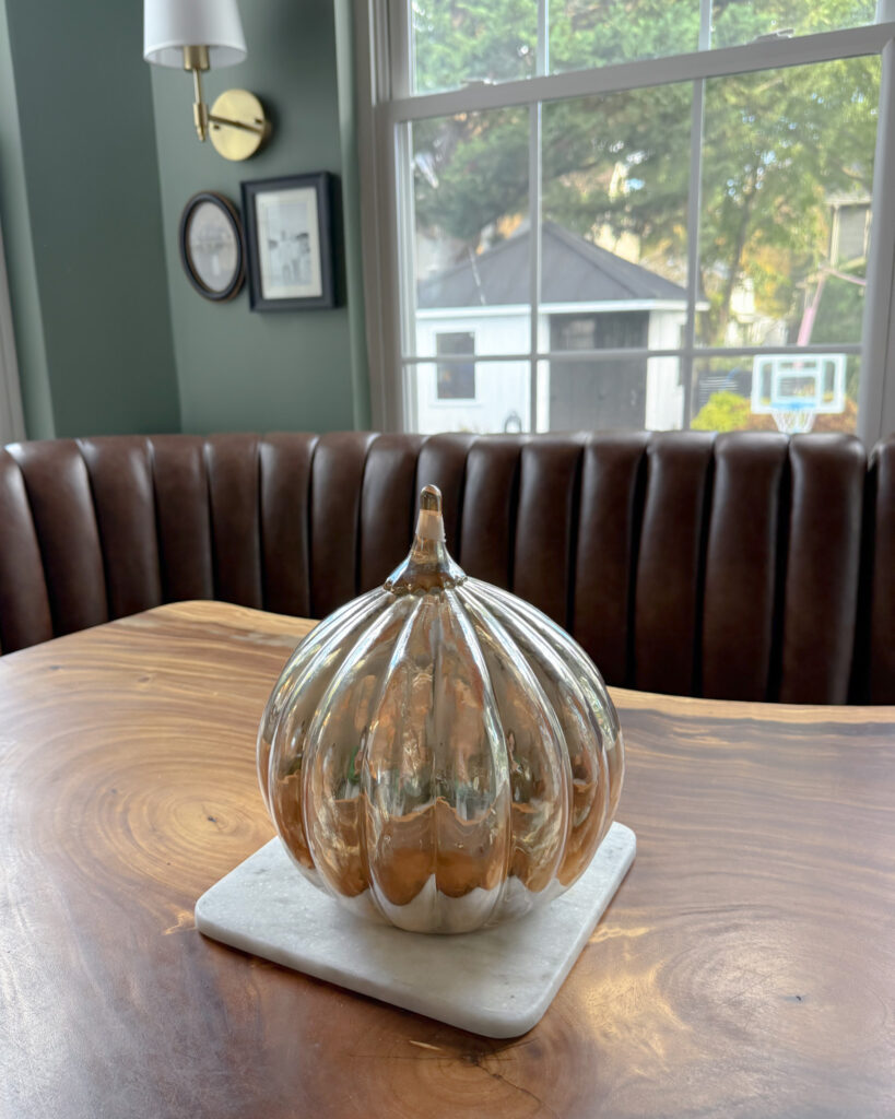 IMG_4407 - Sweet Motherly Glass pumpkin decor on white tray centerpiece on wooden dining table