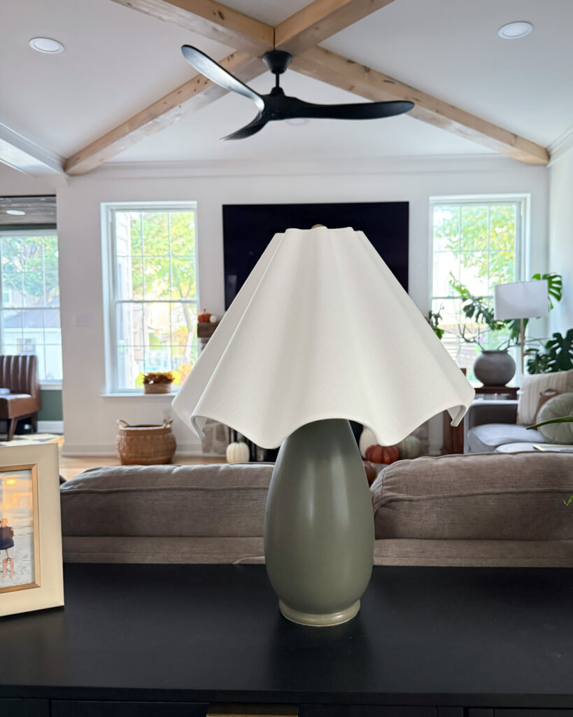 IMG_4420 - Sweet Motherly Modern green glass table lamp with pleated white shade styled on console table with neutral fall decor