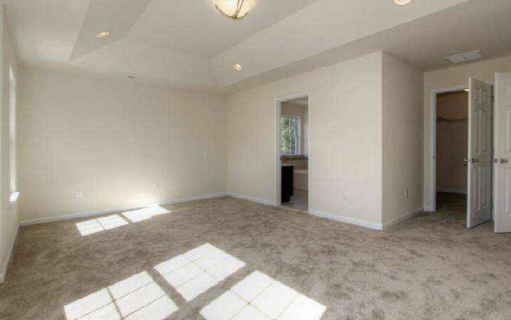 A bright, neutral room with beige carpet, white walls, and two large windows letting in natural light.
