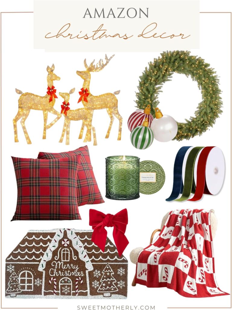 Flatlay of Amazon Christmas decor featuring light-up gold reindeer trio, large evergreen wreath, oversized striped ornaments, plaid pillow covers, green patterned candle, rolls of velvet ribbon, red bow, gingerbread house doormat, and red and white candy cane blanket.