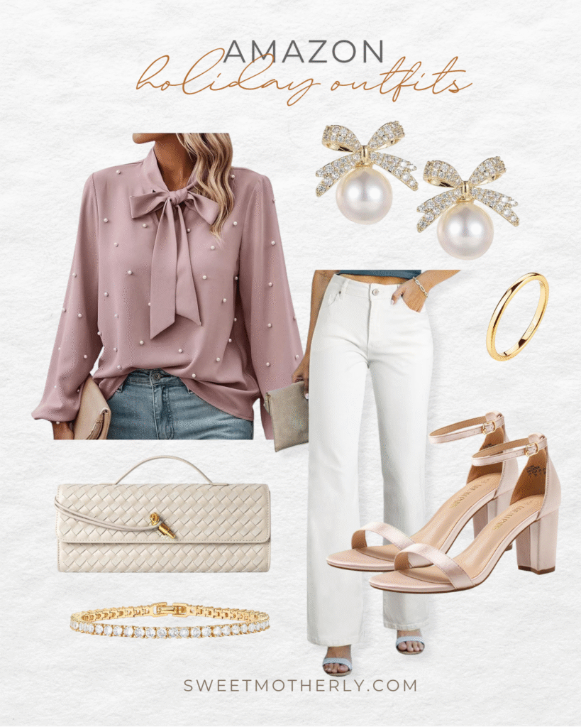 Amazon holiday outfit collage featuring a blush pearl embellished blouse, white high rise jeans, nude block heels, pearl bow earrings, woven clutch, gold bracelet, and simple gold ring. Feminine holiday outfit idea with soft neutral accessories. Holiday Outfits