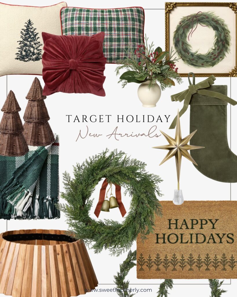 Flatlay of Target holiday decor with plaid and velvet pillows, evergreen wreath, woven tree figurines, green knit throw blanket, ceramic holiday arrangement, framed wreath artwork, gold star tree topper, velvet stocking, wood tree collar, garland with bells, and Happy Holidays doormat.