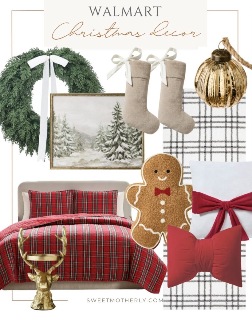Flatlay of Walmart holiday decor including evergreen wreath with white ribbon, winter forest framed artwork, neutral stockings with bows, gold ornament, plaid bedding set, gingerbread rug, plaid throw blanket, red bow pillows, and gold reindeer candle holder.