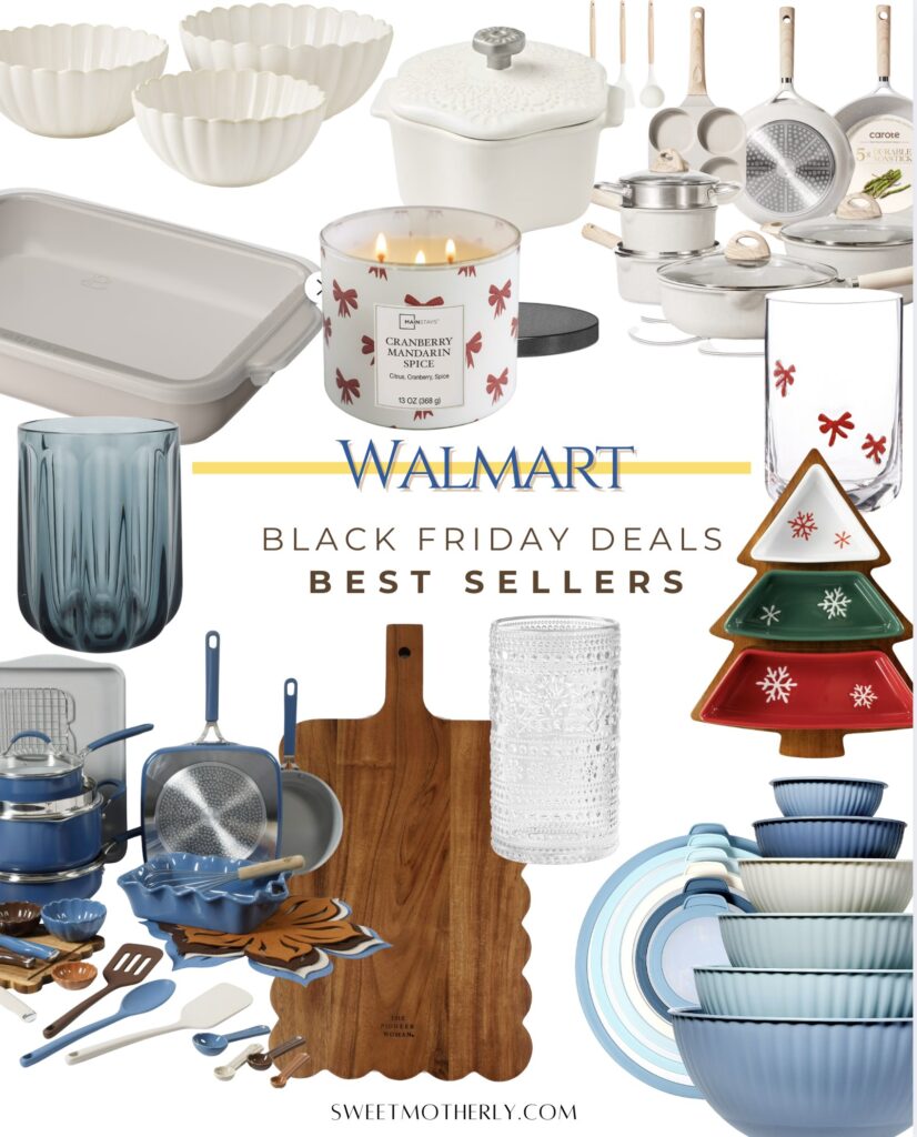 A Walmart Black Friday home collage featuring Pioneer Woman cookware, scalloped mixing bowls, a ceramic snowflake cocette, a 9x13 Beautiful bake dish, holiday glasses, stoneware nesting bowls, a charcuterie tree board, and textured tumblers.