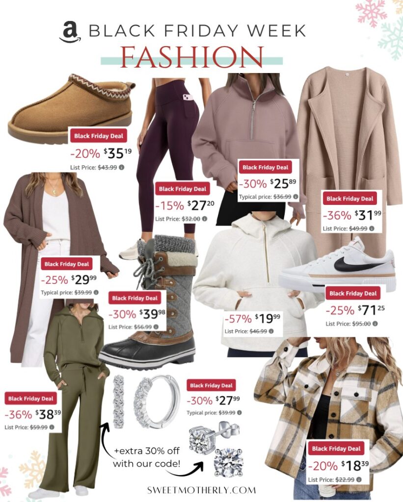 A roundup of Amazon fashion deals including Tasman-lookalike slippers, CRZ Yoga leggings, a half-zip pullover, a coatigan, long cardigan, snow boots, women’s hoodie, Nike sneakers, a sweatsuit, huggie hoops, stud earrings, and a plaid shacket.