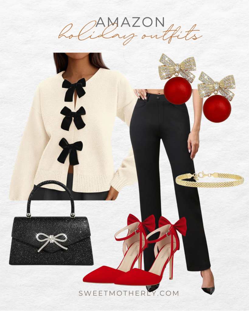 Amazon holiday outfit collage with an ivory sweater featuring black velvet bows, black trousers, red bow heels, glittery top handle bag, gold bracelet, and red ornament style earrings. Festive holiday outfit idea with bold red accents.