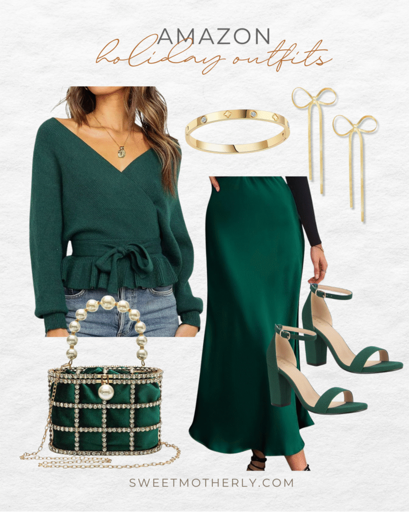 Amazon holiday outfit collage showing an emerald wrap sweater, matching emerald satin skirt, pearl handle evening bag, green block heels, gold ring, and bow drop earrings. Elegant green holiday outfit for Christmas parties.