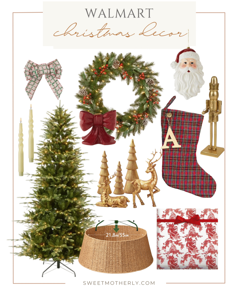 Flatlay of Walmart Christmas decor including plaid bows, evergreen wreath with berries, Santa ornament, gold nutcracker, plaid stocking with monogram letter, lit Christmas tree, woven tree collar, gold reindeer figurines, gold Christmas trees, red bow tree topper, tapered candles, and red toile gift wrap.