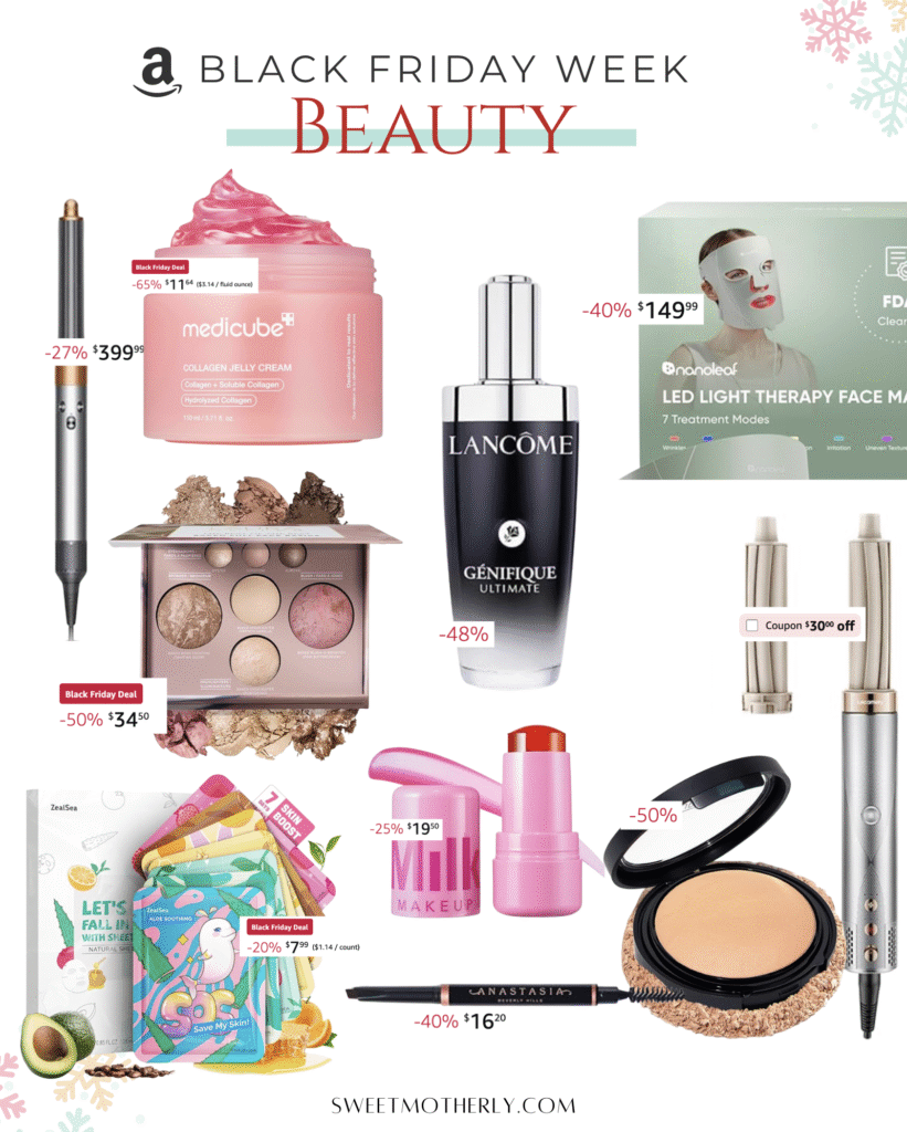 A Black Friday sales beauty collage featuring the Dyson Airwrap, Medicube collagen jelly cream, Nanoleaf LED face mask, Laura Geller eyeshadow and finishing powder, Milk Makeup blush stick, Anastasia brow pencil, Korean sheet masks, and Lancôme Génifique serum.