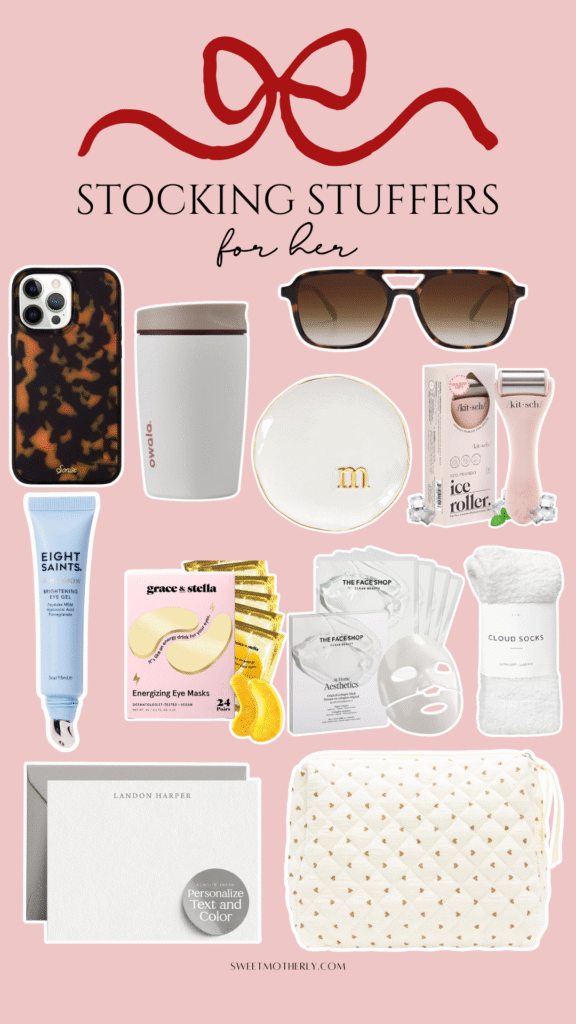 Collage of stocking stuffer ideas for kids featuring heart-shaped jewelry sets, colorful walkie talkies, a LEGO City monster truck set, embroidered striped name pouches, a Nerf foam rocket throw toy, an on-the-go bead kit, a detangling hairbrush, Monopoly Deal card game, and a Topps baseball card pack. Styled on a light blue background with the text ‘Stocking Stuffers for Kids.