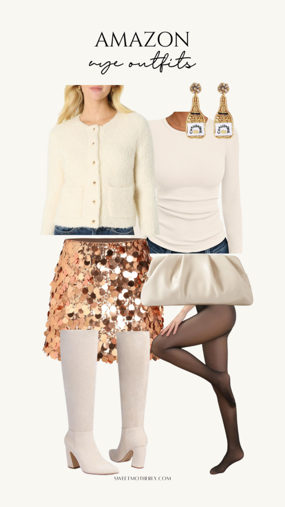 Neutral winter New Year’s Eve outfit with sequin skirt, cream cardigan, boots, and statement earrings