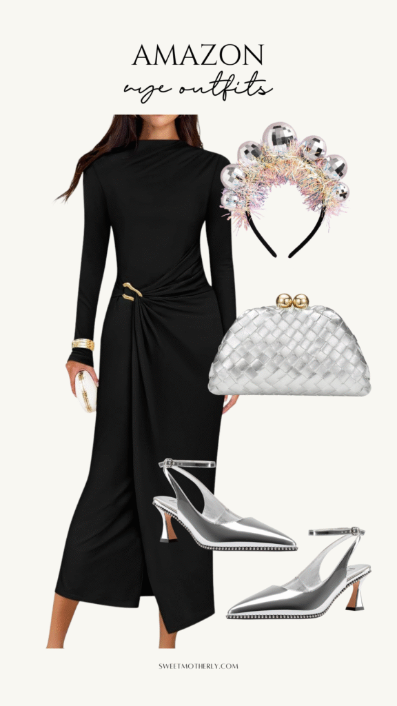 Black dress New Year’s Eve outfit with silver heels, metallic clutch, and festive headband styled for winter parties