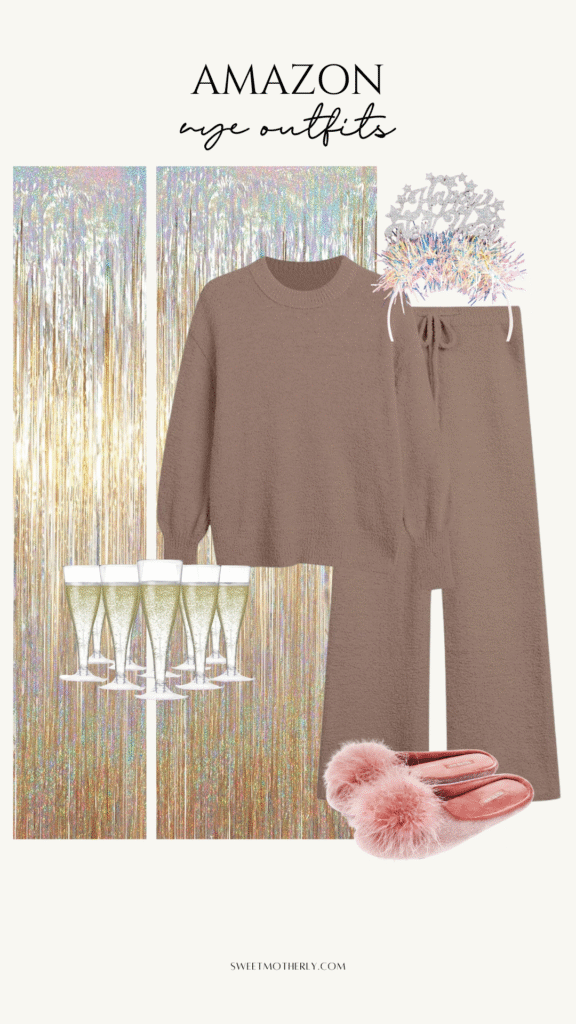 Cozy neutral lounge set styled as a New Year’s Eve outfit with fluffy slippers, champagne glasses, and party decor New Year's Eve Outfits