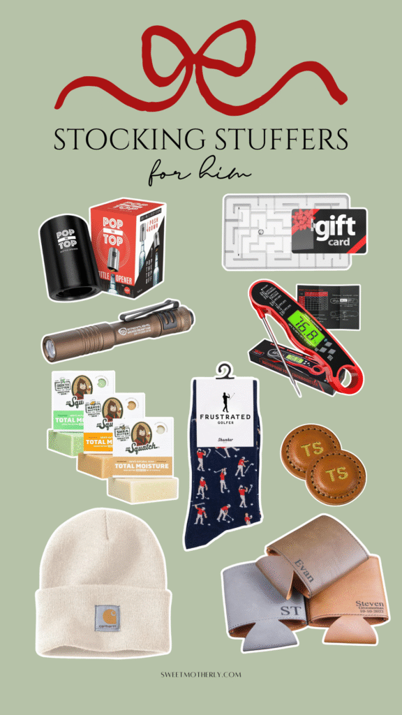 Collage of stocking stuffer ideas for men including a Pop the Top bottle opener, pocket flashlight, maze-style gift card holder, digital meat thermometer, Dr. Squatch bar soaps, novelty golfer socks, personalized leather golf ball markers, a Carhartt beanie, and custom leather catchall trays. Displayed on a sage green background with the title ‘Stocking Stuffers for Him.’