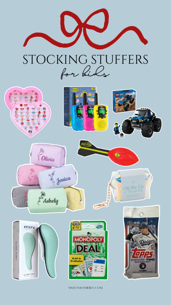 Collage of stocking stuffer ideas for kids featuring heart-shaped jewelry sets, colorful walkie talkies, a LEGO City monster truck set, embroidered striped name pouches, a Nerf foam rocket throw toy, an on-the-go bead kit, a detangling hairbrush, Monopoly Deal card game, and a Topps baseball card pack. Styled on a light blue background with the text ‘Stocking Stuffers for Kids.