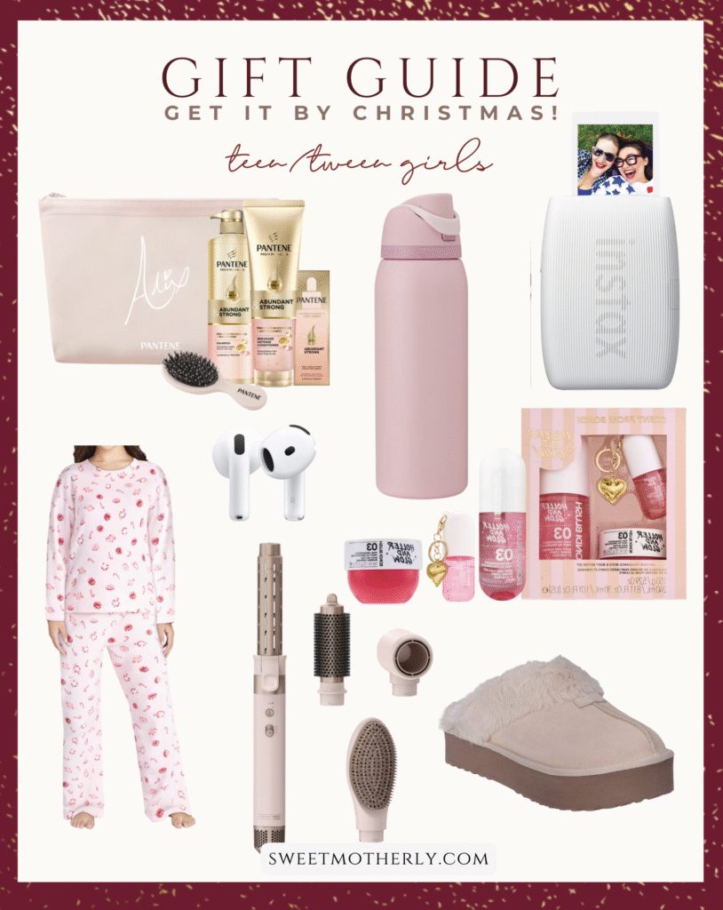 Teen and tween girl Christmas gift ideas including beauty sets, cozy pajamas, water bottles, slippers, hair tools, and fun accessories.