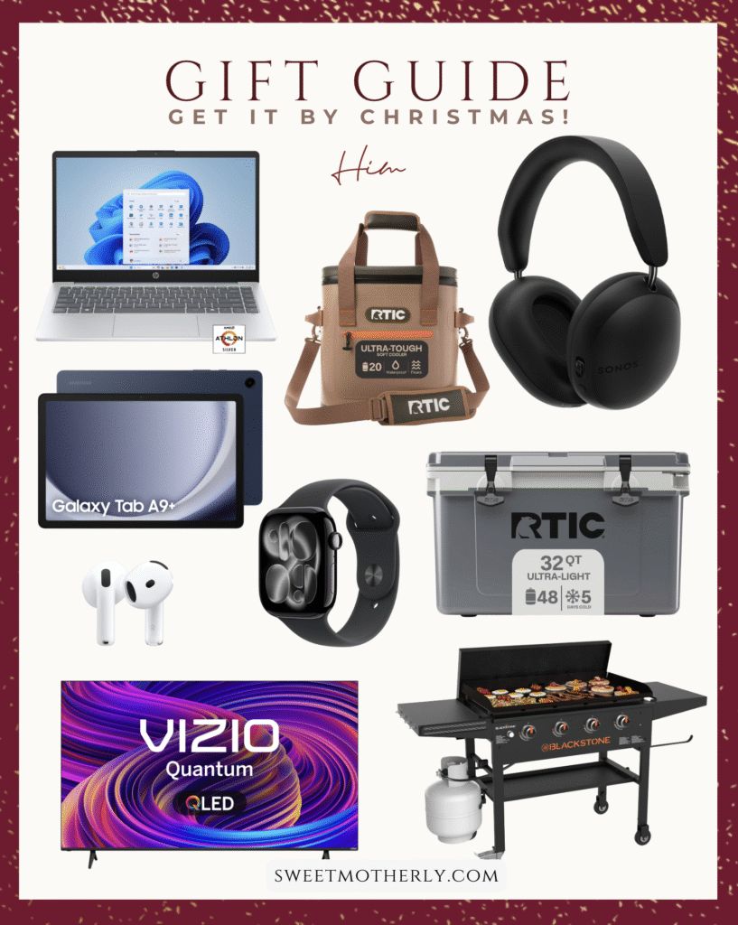 Last minute Christmas gift ideas for him featuring tech gadgets, headphones, coolers, smartwatches, and outdoor cooking essentials.