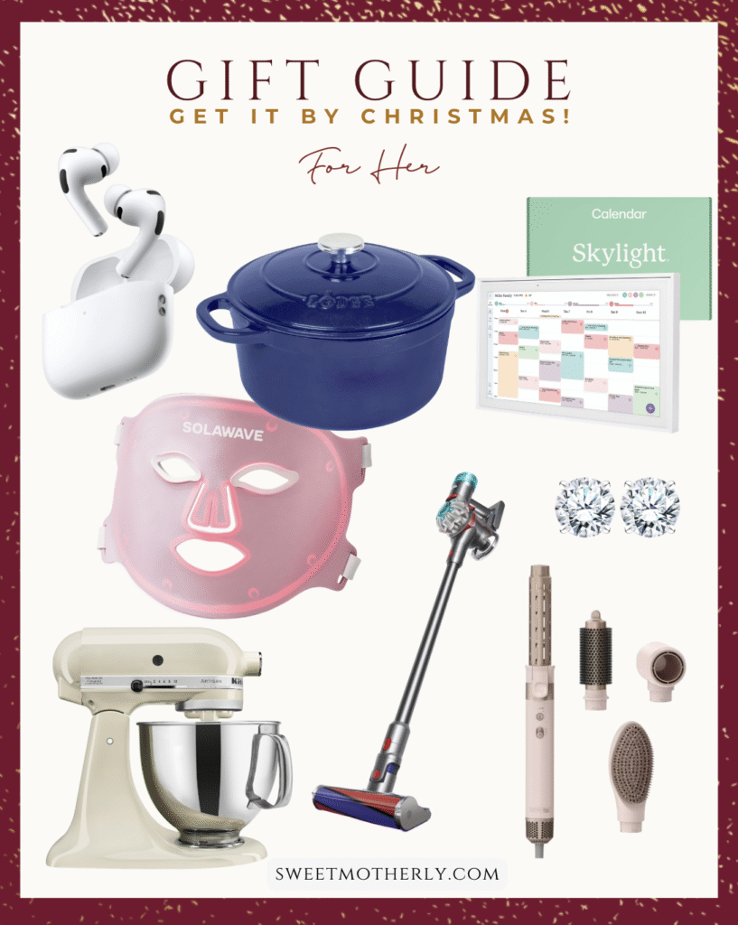 Christmas gift ideas for her including beauty tools, cookware, skincare devices, home essentials, and cozy lifestyle gifts.