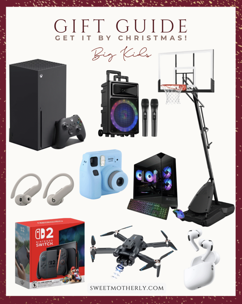 Big kids Christmas gift guide featuring gaming consoles, electronics, speakers, cameras, drones, and sports gifts.