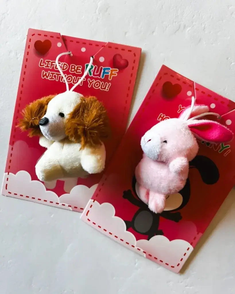 Plush puppy and bunny Valentine’s Day cards with red heart designs displayed on a white background.