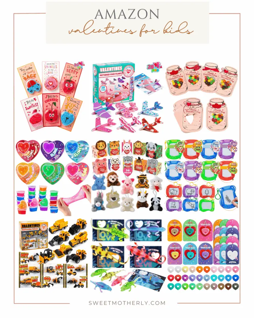 Facebook Templates 6 - Sweet Motherly Amazon Valentine’s Day gift ideas for kids featuring candy-free classroom favors like mini toys, slime, pop-its, airplanes, plush animals, construction vehicles, and Valentine cards.
