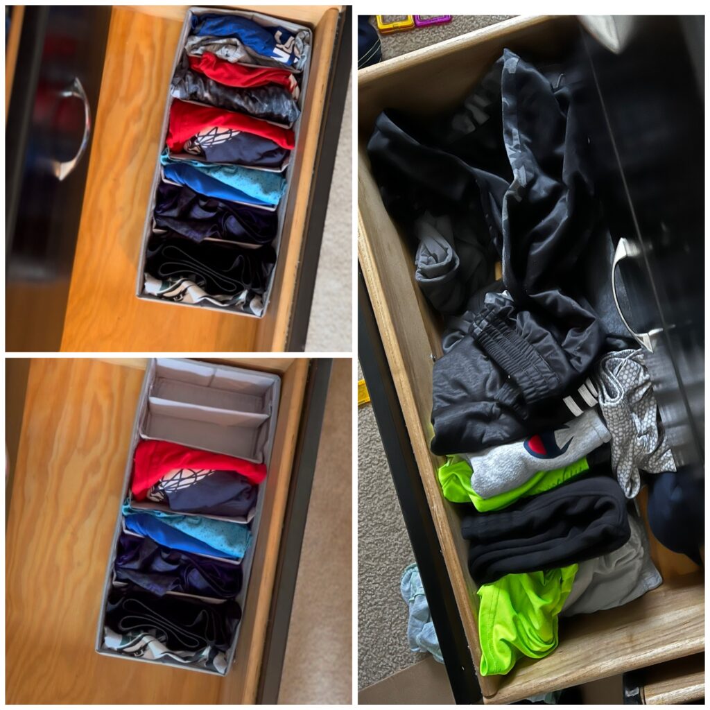 Kids’ dresser drawers organized with clothing neatly separated using drawer dividers.