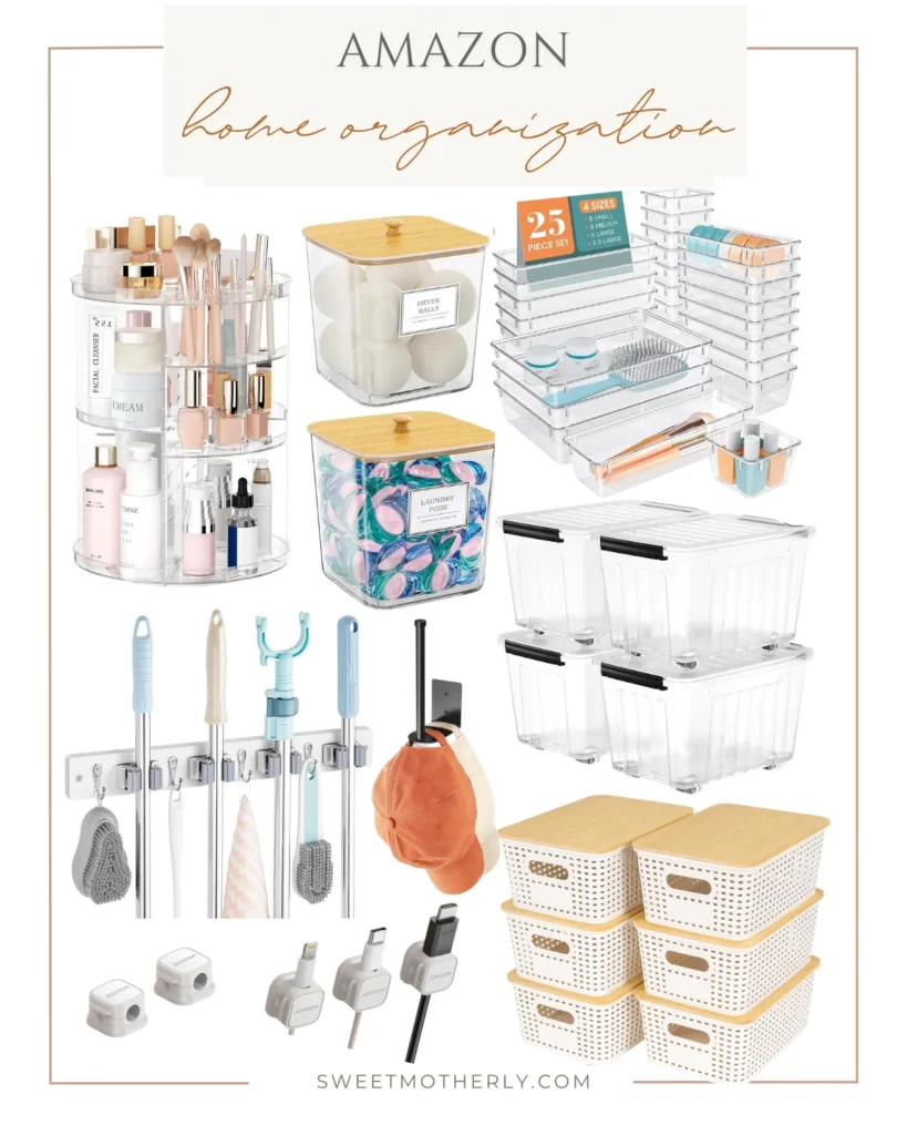Assorted Amazon home organization products including bins, shelves, and drawer organizers.