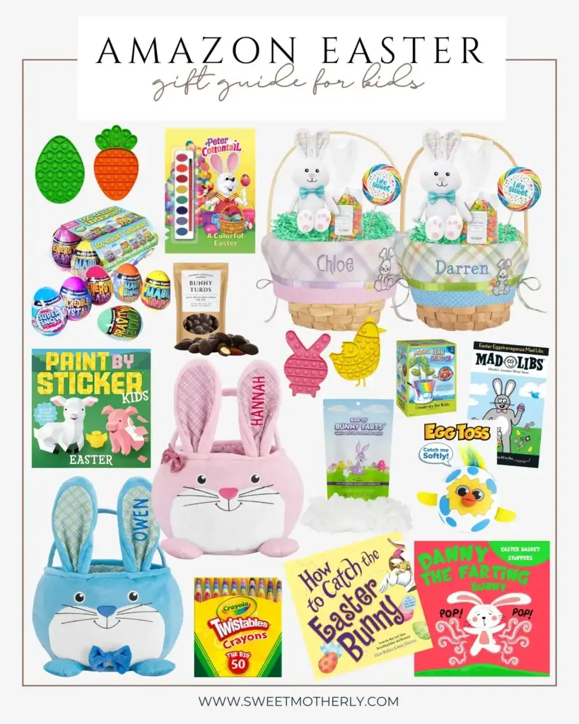 Amazon Easter gift guide for kids featuring personalized Easter baskets with plush bunnies and candy, bunny-shaped baskets for boys and girls, pop it fidget toys, Peter Cottontail book, watercolor paint set, Mad Libs, Paint by Sticker Easter book, Crayola Twistables crayons, novelty Easter candy, Magic Grow capsules, and fun Easter basket stuffers for kids.