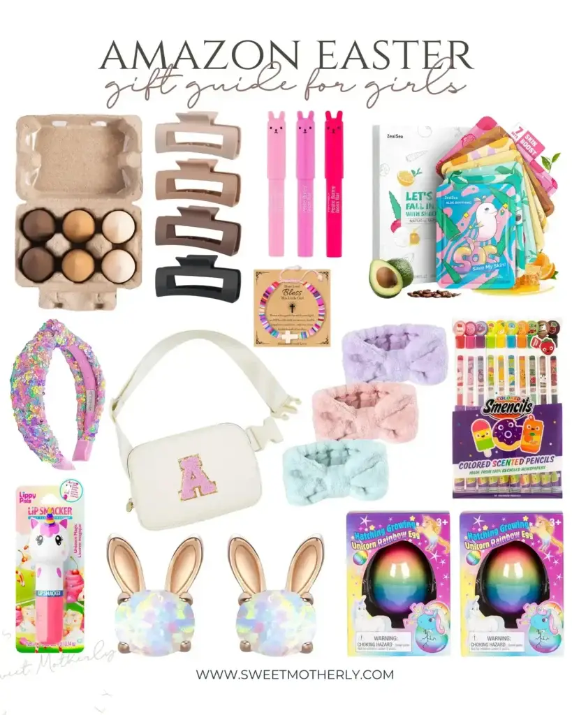 Amazon Easter gift guide for girls with hair clips, bunny lip gloss, sheet masks, pastel headbands, mini crossbody bag, scented pencils, unicorn hatching eggs, bunny earrings, and colorful beauty accessories.
