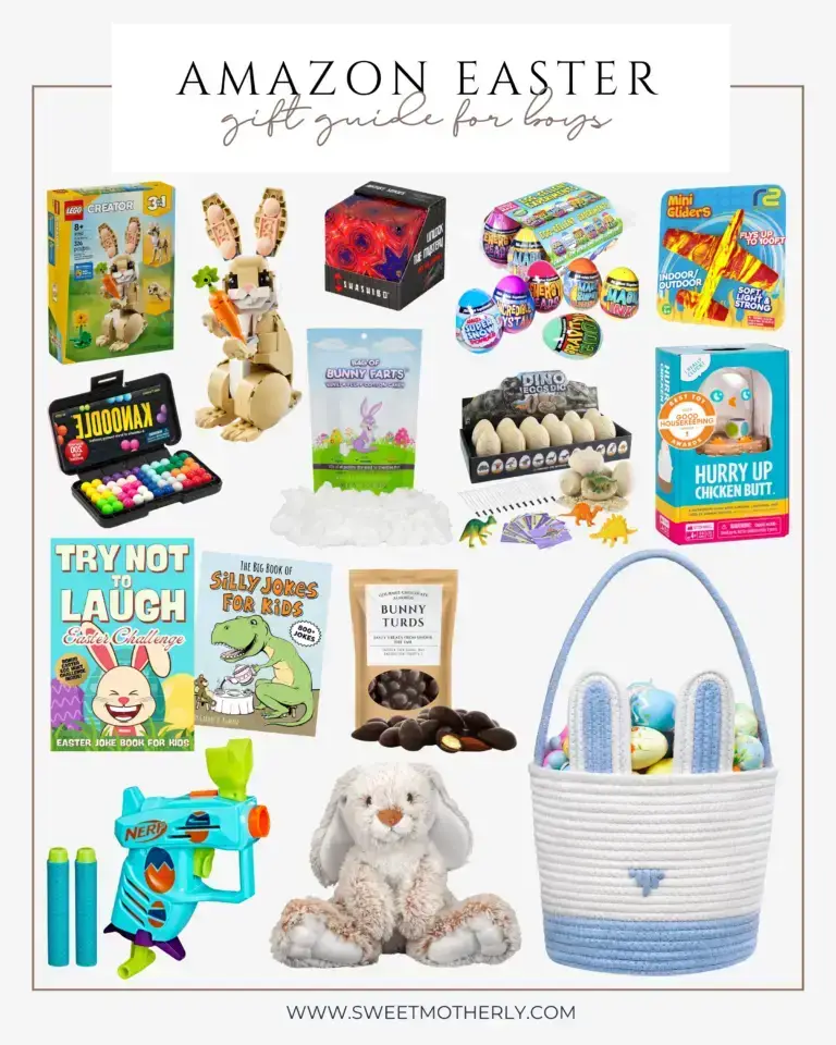 Amazon Easter gift guide for boys including LEGO bunny set, walkie talkies, mini gliders, joke books, Nerf blaster, plush bunny, candy, games, and blue and white Easter basket.