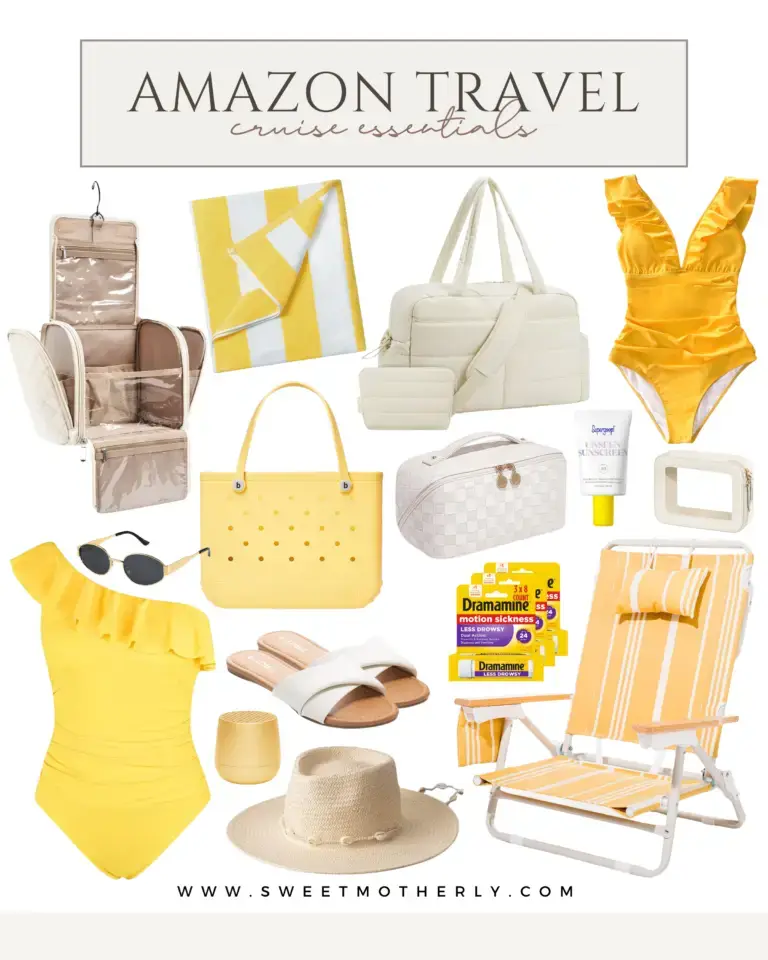 Collages-2025-1-768x960 - Sweet Motherly Amazon travel Cruise Essentials from Amazon collage with yellow swimsuit, beach chair, toiletry organizer, Dramamine, hat, and striped towel.