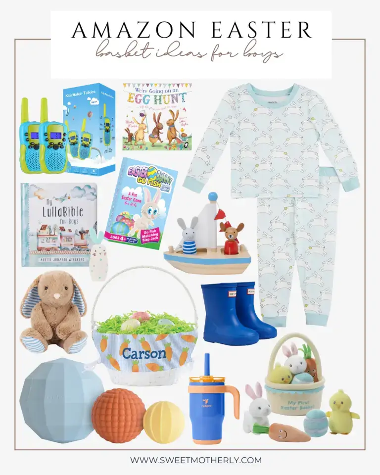 Amazon Easter basket ideas for toddler boys with bunny pajamas, rain boots, personalized carrot basket, plush bunny, walkie talkies, Easter books, wooden boat toy, silicone balls, and My First Easter toy set.