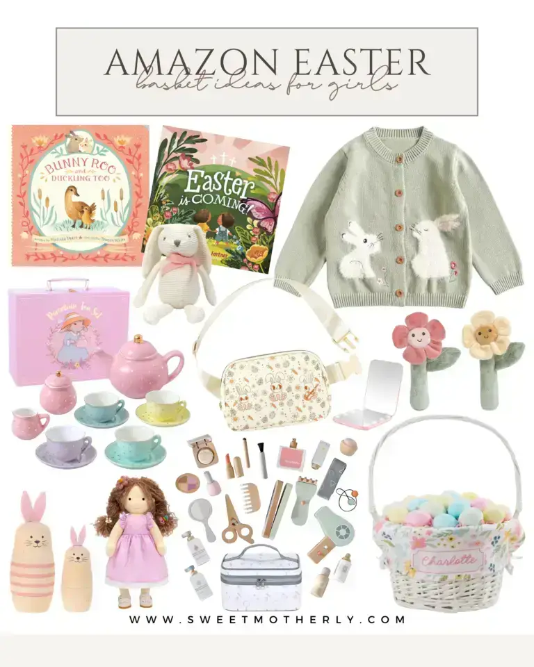 Amazon Easter basket ideas for little girls including pastel tea set, bunny books, soft cardigan, doll, stacking bunny toy, mini vanity set, floral purse, personalized Easter basket, and spring-themed gifts.