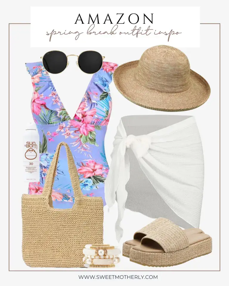 Collages-2025-3-768x960 - Sweet Motherly Amazon spring break outfit collage featuring blue floral one-piece swimsuit, straw hat, woven tote, white sarong, and platform sandals.