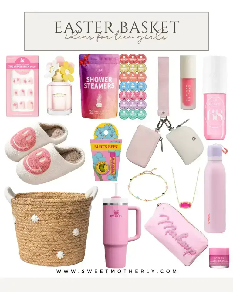 Pink-themed Easter basket ideas for teen girls including Stanley tumbler, lip gloss, perfume, shower steamers, smiley slippers, jewelry, pastel water bottle, mini purse, bath bombs, beauty products, and woven basket.